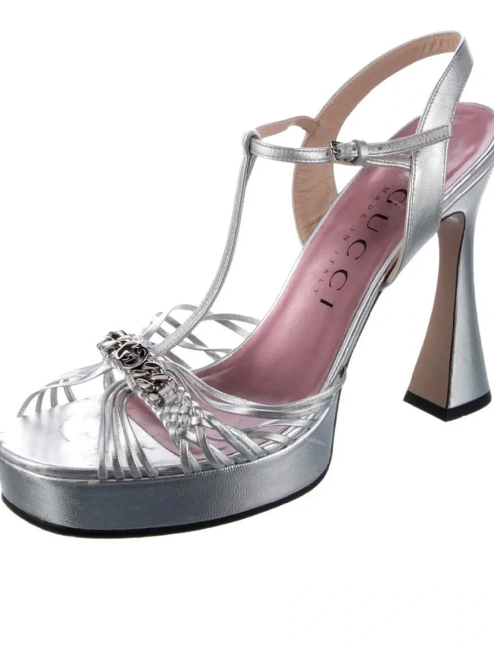 Gucci Silver Metallic T-Strap Platform Sandals - Picture 2 of 12